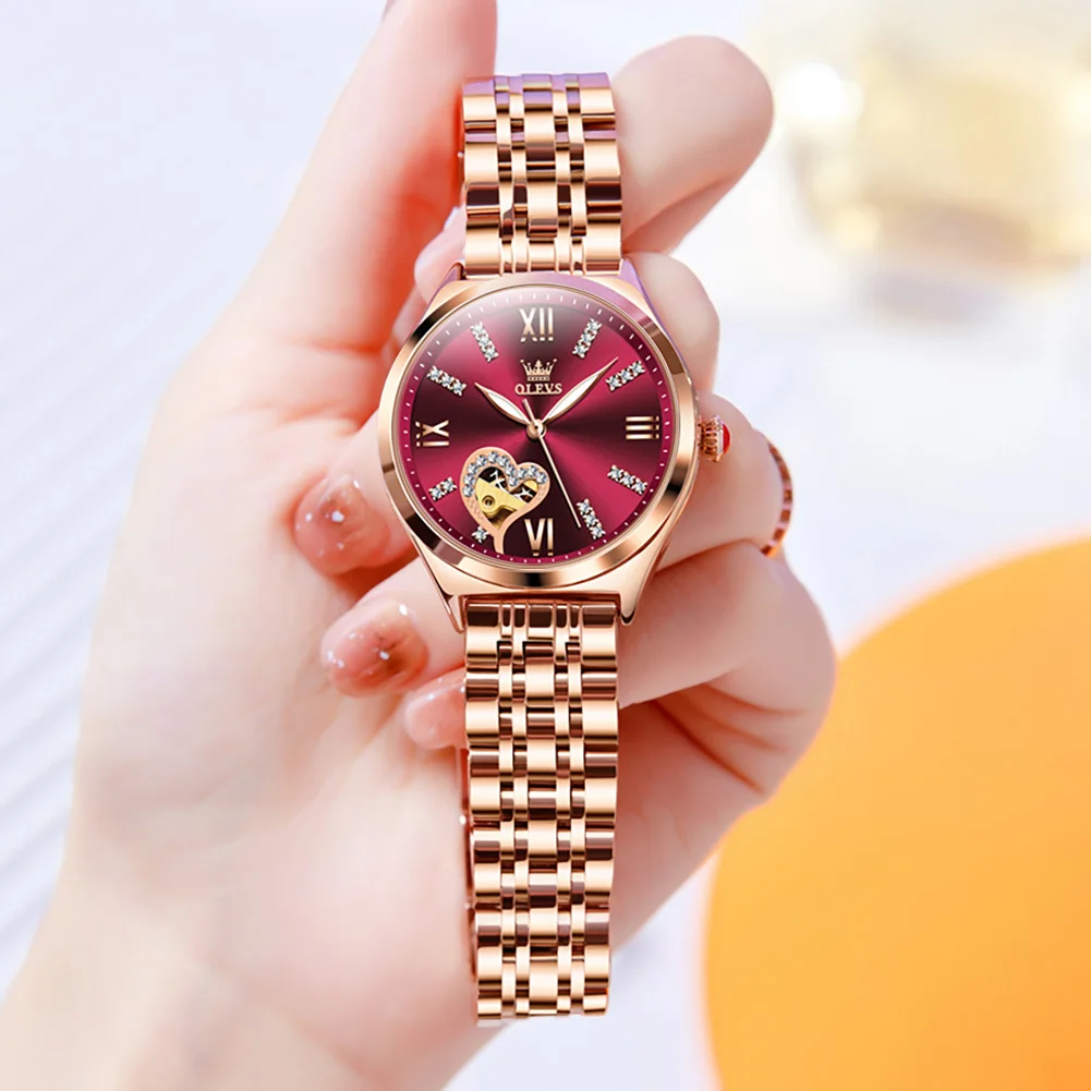 OLEVS Brand Luxury Fashion Red Dial Automatic Mechanical Watches For Women Waterproof Steel Ladies Watch reloj para mujer