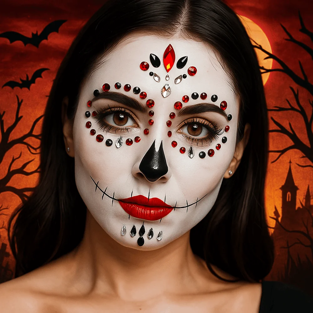 

3D смола лицо горный хрусталь наклейка красочный клоун макияж Хэллоуин поддельные татуировки блестящий декор на Хэллоуин ювелирные изделия наклейка для лица