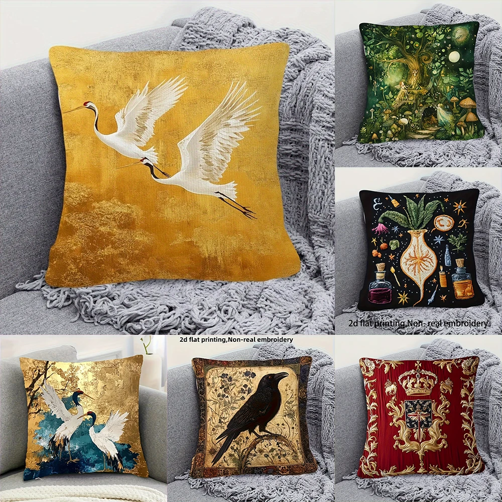 Kissenbezug mit Kranichmotiv und goldenem Boden, doppelseitig bedruckt, kurzer Plüsch, geeignet für Wohnzimmer, Schlafzimmer, Sofas, Zierkissenbezug