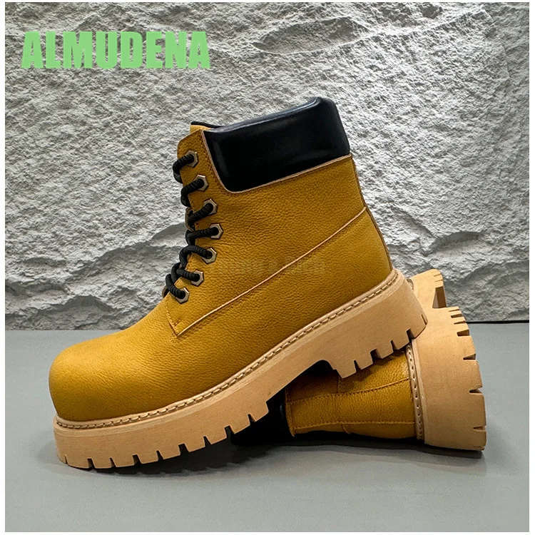 Men's Height Increasing Boots with British Style Fashionable Front Tie Design Thick Soled Motorcycle Workwear Short Boots - Image 2