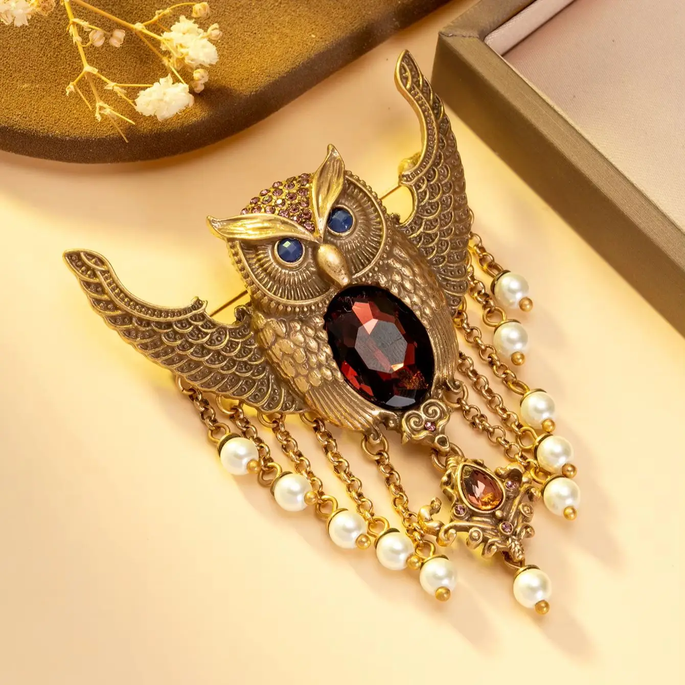 Vintage distressed owl tassel pearl brooch, elaborate ruby feather pin