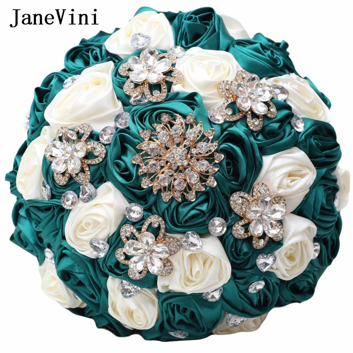 JaneVini Dark Green Ivory Wedding Bouquet Flowers for Bride Bridesmaid Beaded Crystal Ribbon Bridal Flower Hochzeit Brautstrauß