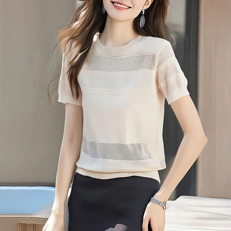 

Sweaters Knitted Sweater Women Pullovers O-Neck Hollow Out Knit Sweater Pullover Women Tops Fashion Short Sleeve Knitwears Q2542