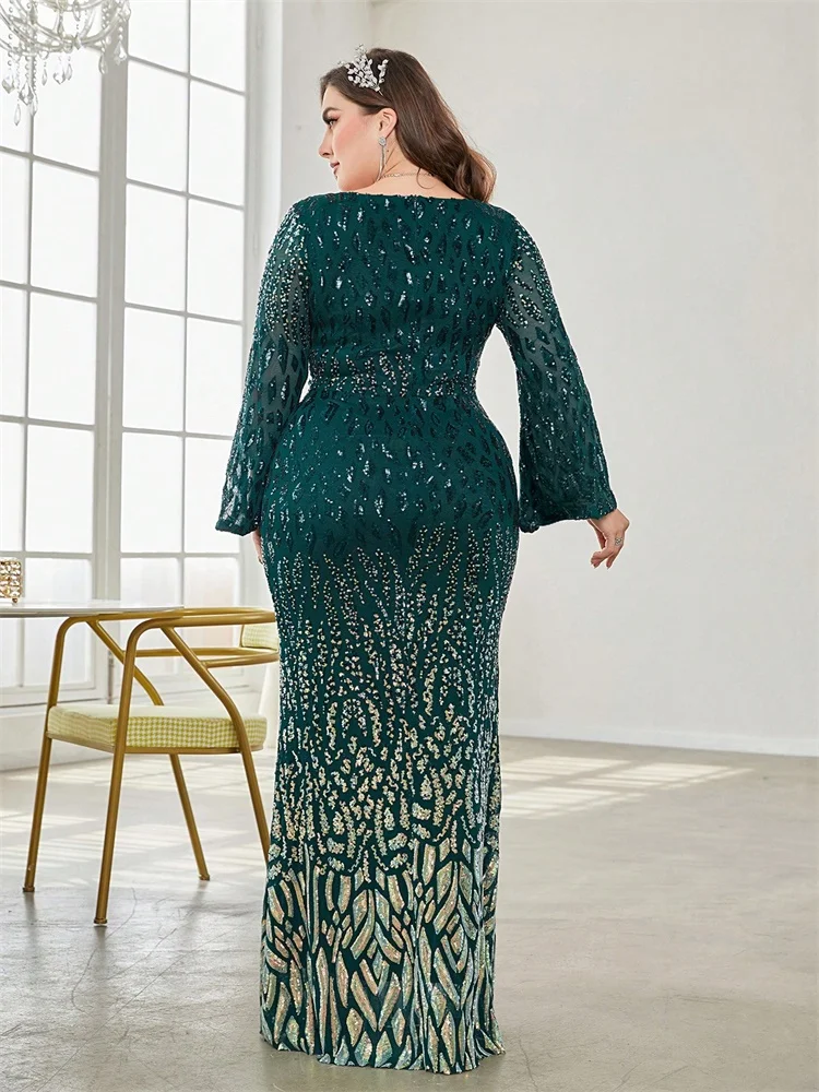 Plus Size Elegant Sequin Black Evening Dress 2025 Women Formal Maxi Prom Long Sleeves Party Luxury Cocktail Dress image 2