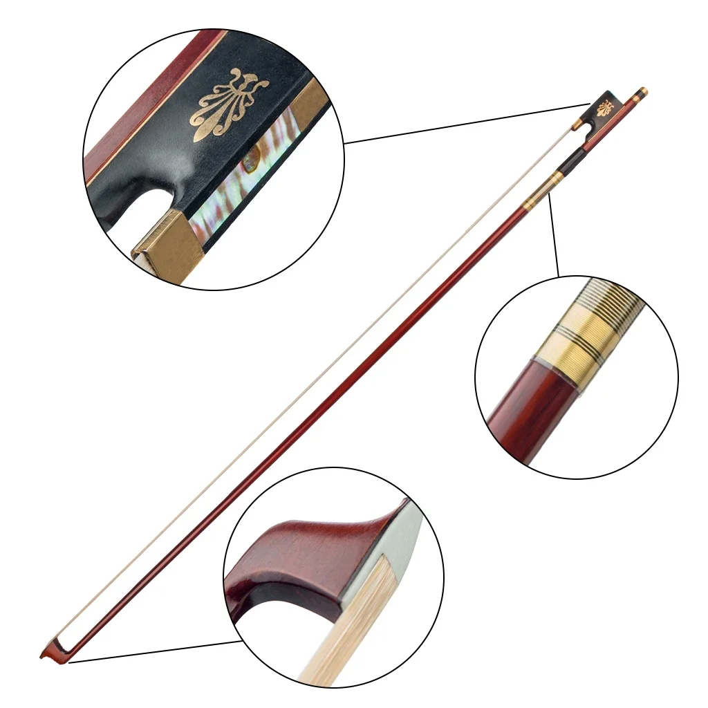 4/4 Violin Arco Fiddle Bow IPE Round Stick Sheep Skin Grip Ebony Frog With Peacock Inlay Well Balance