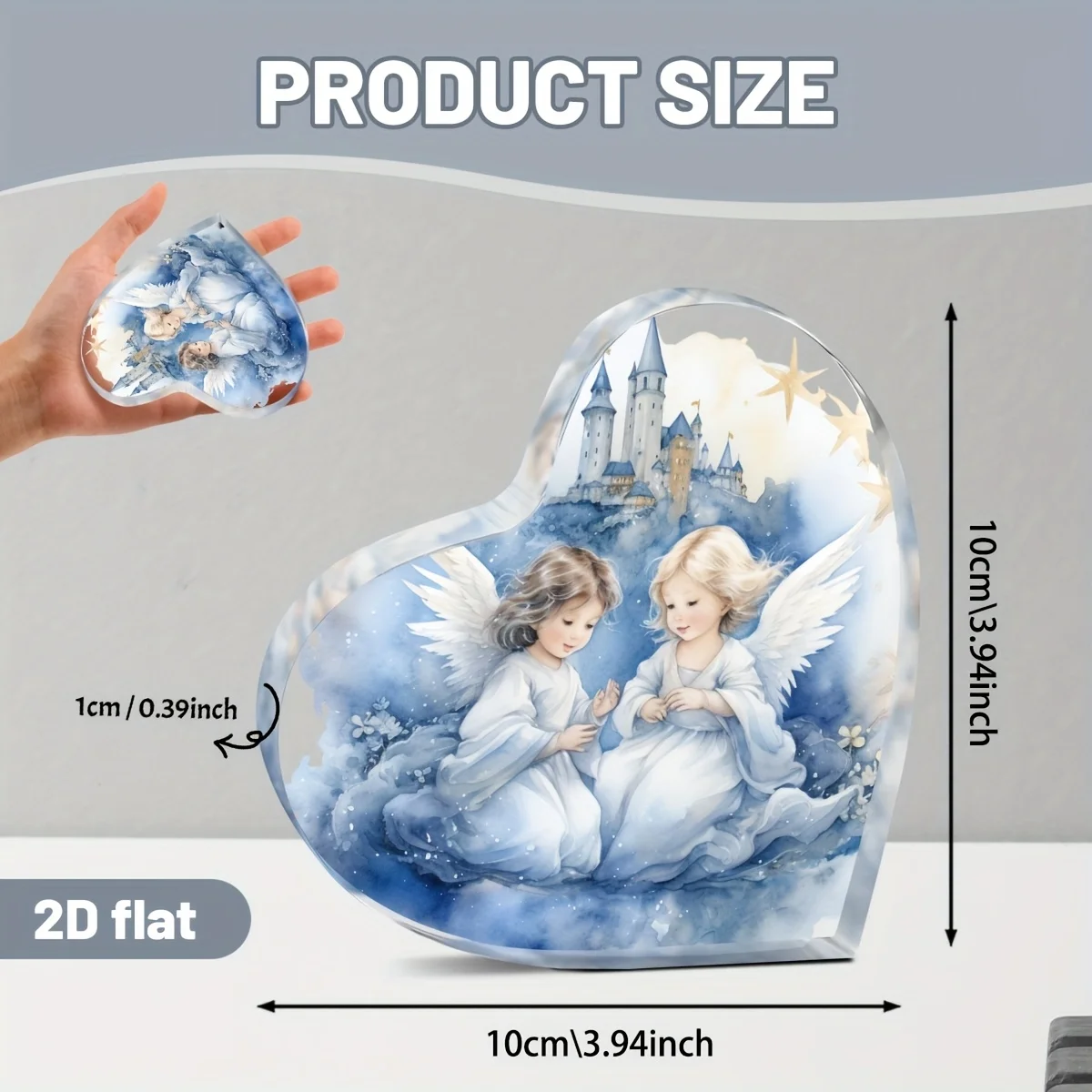 CIFBUY Acrylic Ornament 1pc Heart Shape Blue White Watercolor Angel European Castle Desktop Sign Home Desk Dresser Baptism Memor