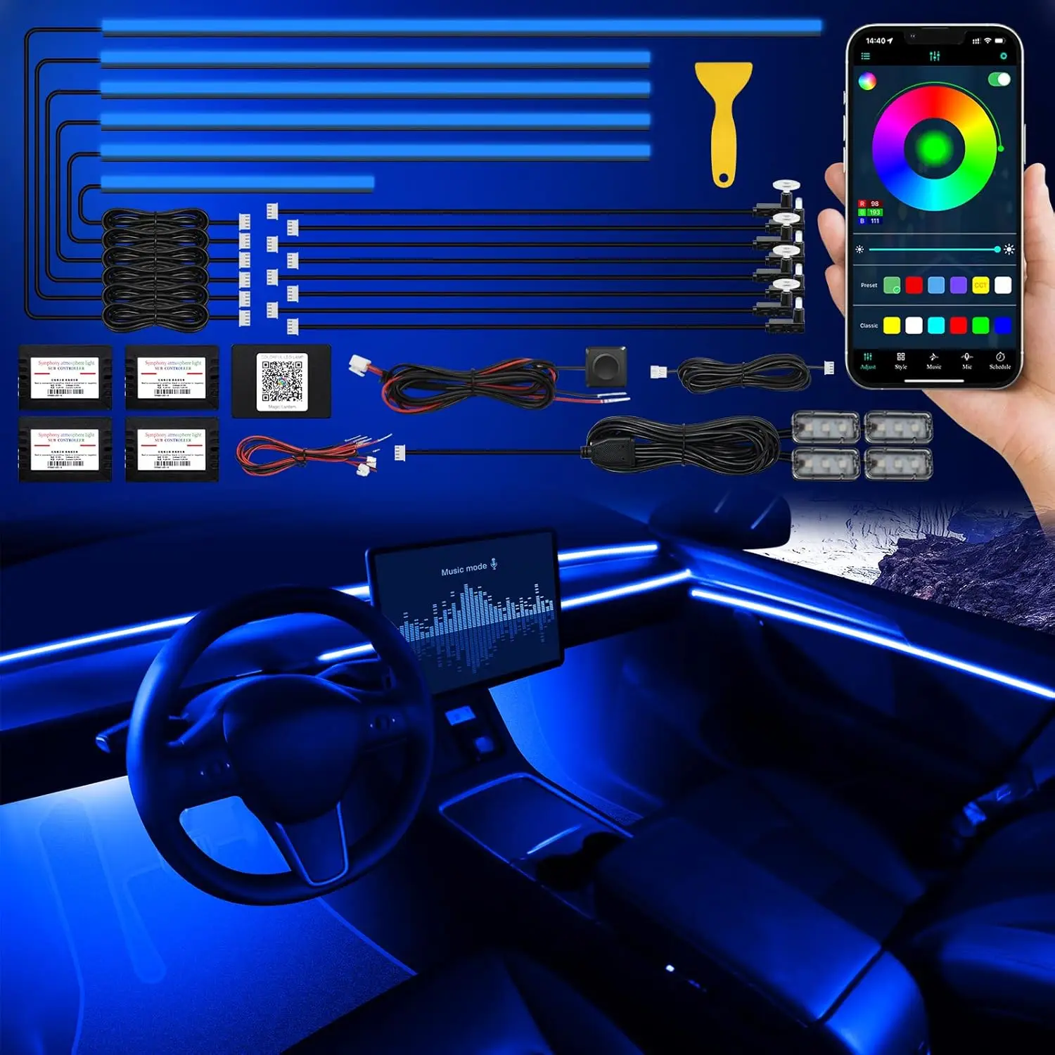 

RGB Car LED Strip Lights with Wireless App Control, 16 Million Colors, Sound Active Function for Interior Ambient Lighting