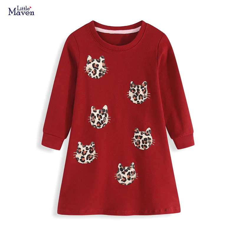 Little maven Kids Clothes Baby Girls 2026 Spring Autumn Dress Long Sleeve Cartoon Cats Dress Children's Clothing Cotton