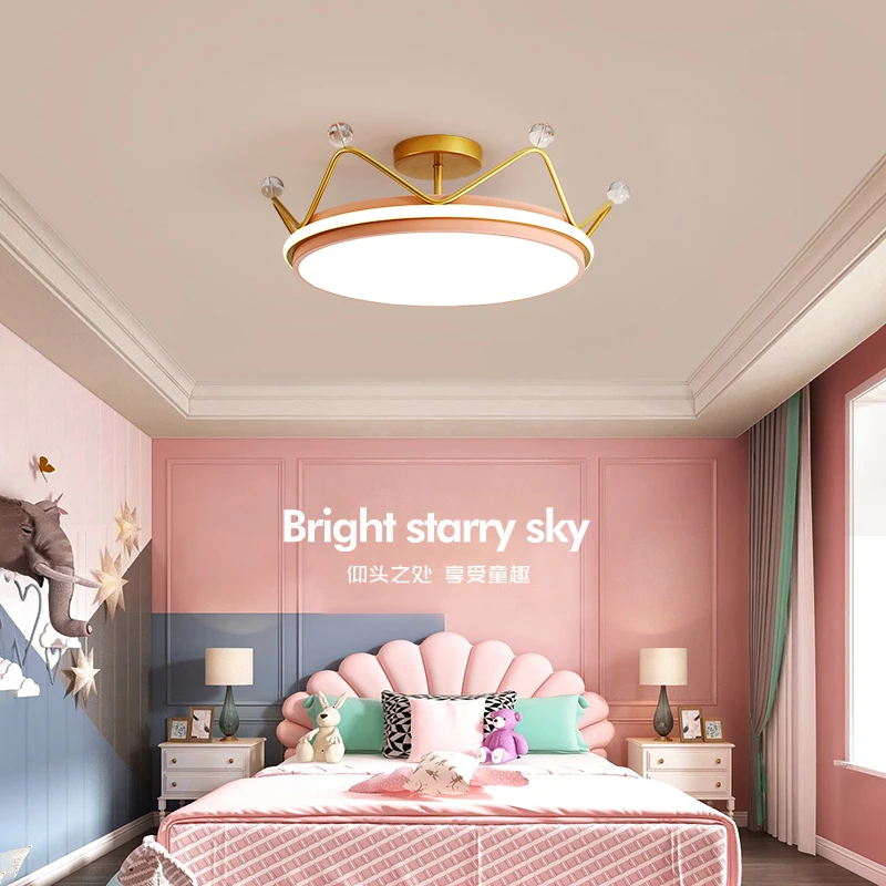 Modern Luxury Ceiling Chandelier Children Kid Girl Room Pink Crystal Crown Ceiling Light Pendant Bedroom Princess Smart led lamp