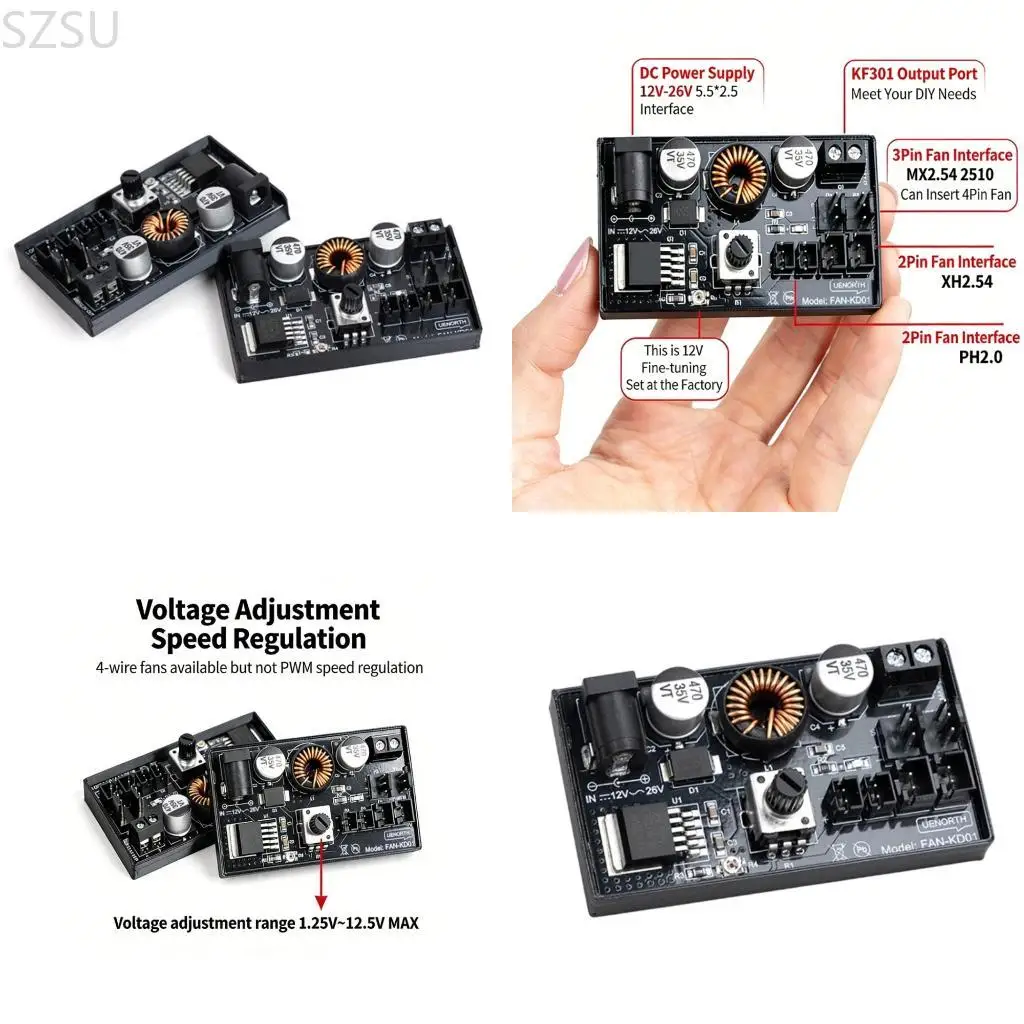SZSU DC12V Fan Speed Controller for PC Systems Featuring Easy Interfaces and Precise Adjustment Capabilities