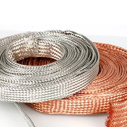 5M/10M Pure Copper Shield Cable Sleeve Tinned Braided Bare Ground Cable Metal Sheath Screening Signal Wire Flat Conductive Tape