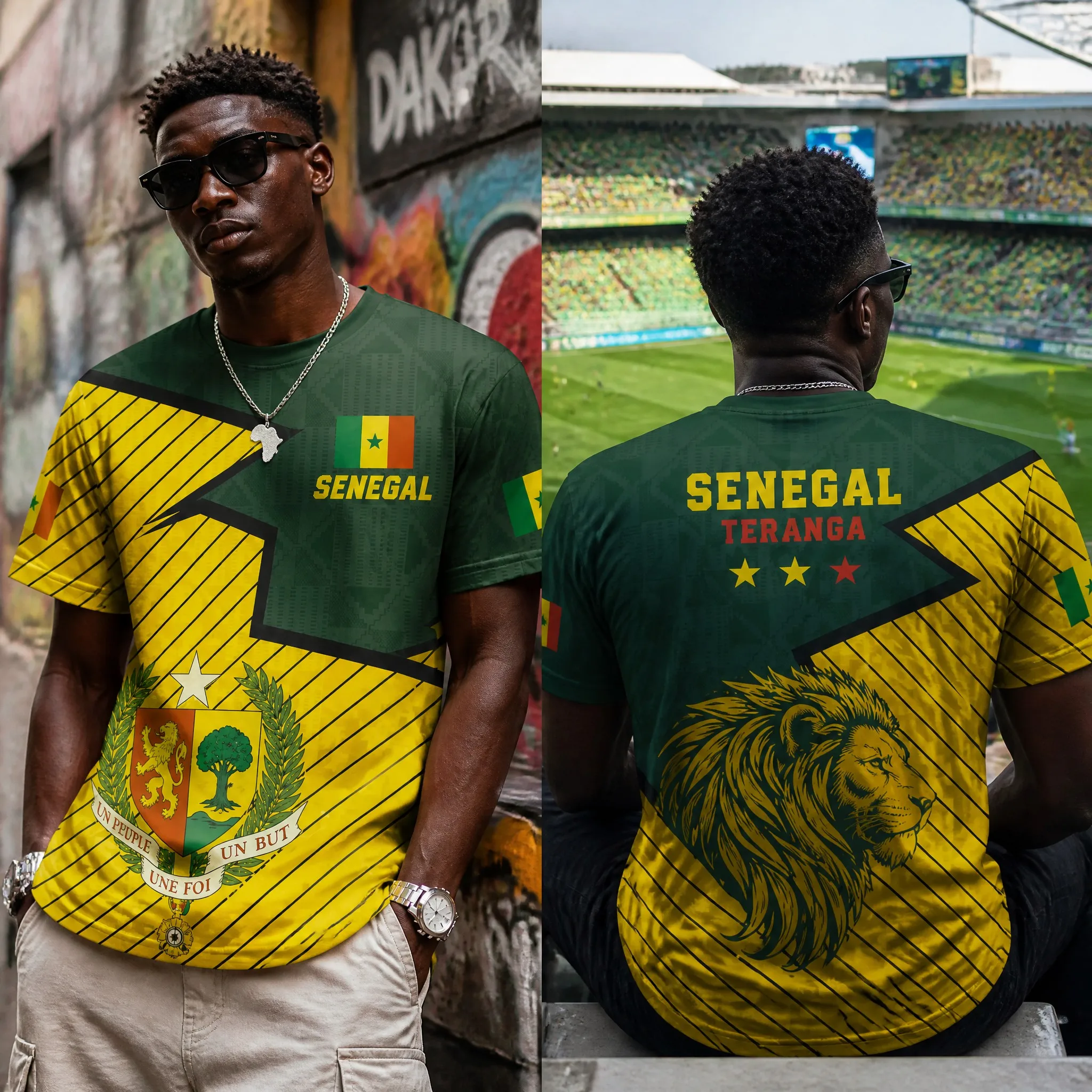 Senegal Mens Lion Crest Graphic Tee National Flag Colorblock Shirt Short Sleeve Football Fan Top Street Stadium Wear Casual Look