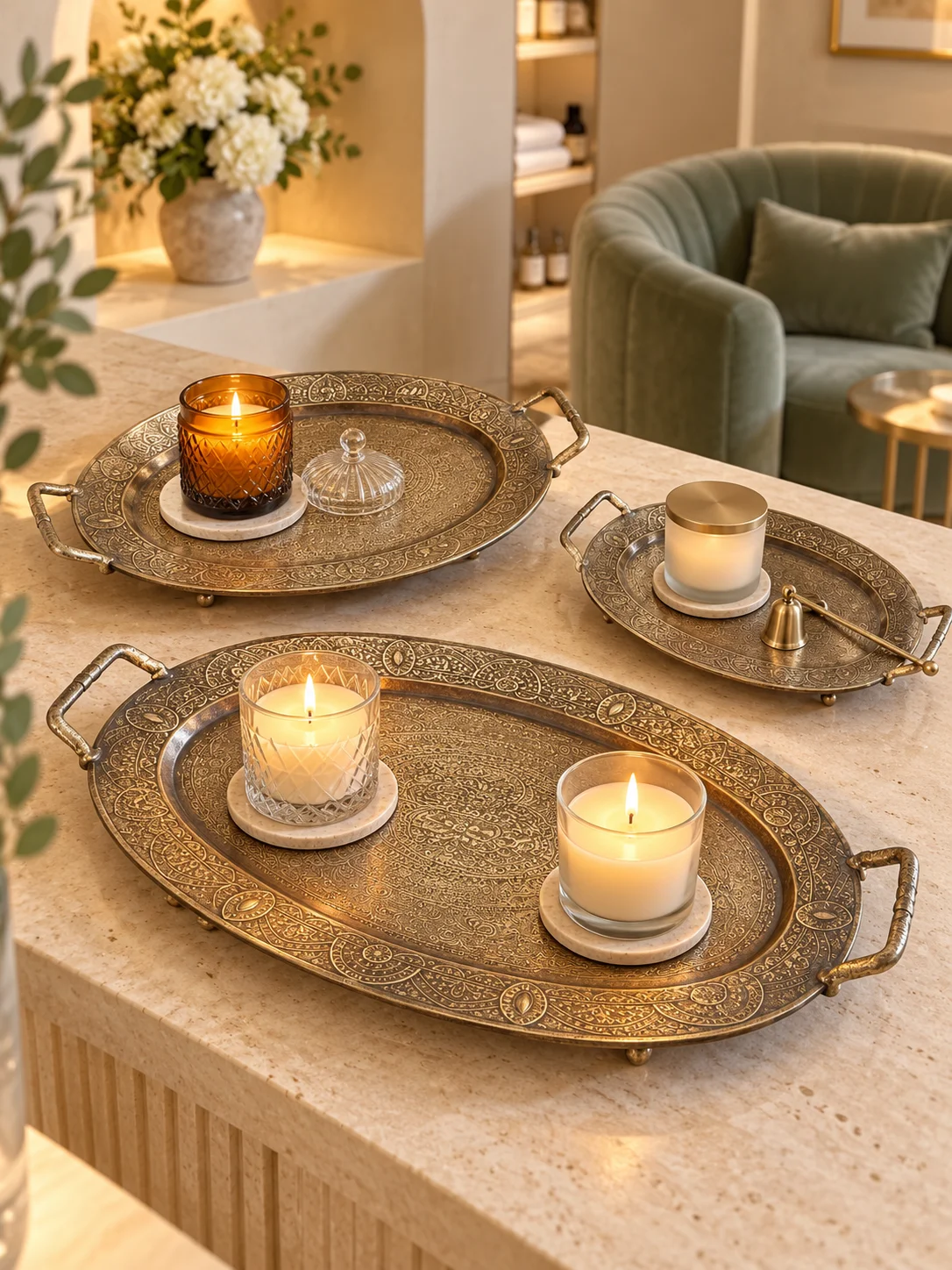 Vintage Oval Metal Tray Set of 3, Antique Copper Look Embossed Iron Trays with Handles for Fruit Display, Vanity & Decor