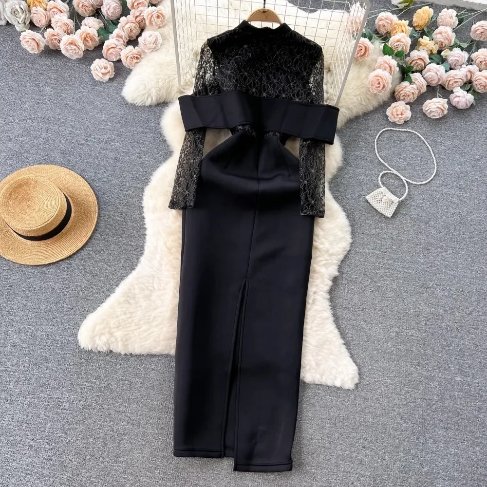 TWOTWINSTYLE Solid Embroidery Slimming Dress For Women O Neck Long Sleeve Spliced Zipper Party Dress Female Fashion KDR521960