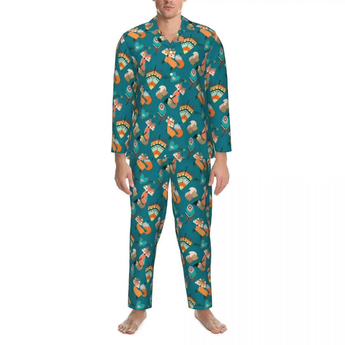 

Teal Tribal Fox Pajamas Man Retro Animal Print Cute Bedroom Nightwear Autumn 2 Pieces Casual Loose Oversize Design Home Suit