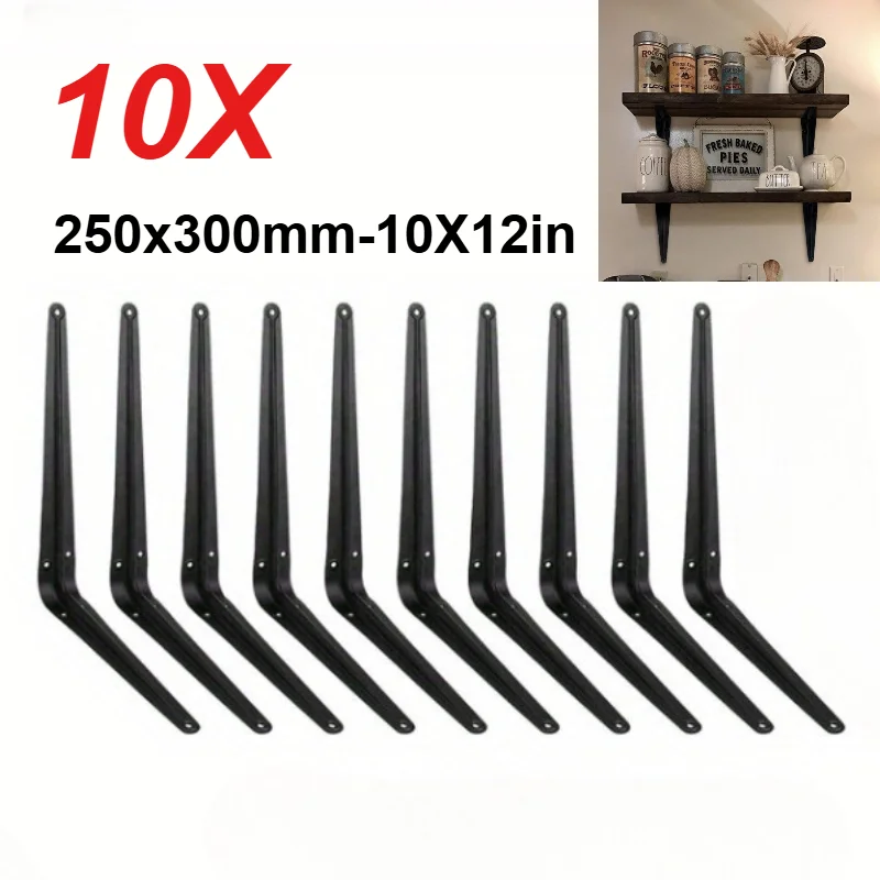 10PCS Shelf L-Brackets 10X12in Floating Shelf Bracket Heavy Duty Black Steel for Decorative Wall Mount Joint Angle