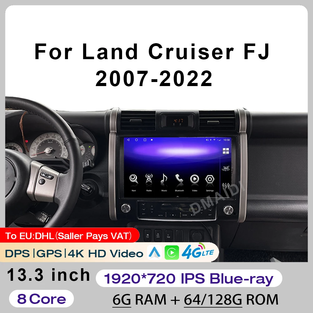 13.3Inch For Toyota Land Cruiser FJ2007-2022 Stereo Multimedia Player Car Radio GPS Navigation BT WiFi Bluetooth DPS 4K HD Video