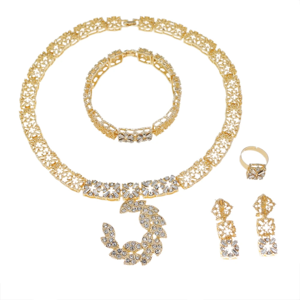 Luxury Hollow Openwork Gold Plated Set Multi Cut Clear Crystal Leaf Drop Bib Collar Matching Women Jewelry Kit
