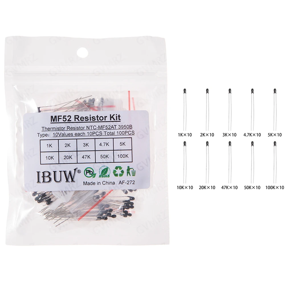 100PCS 10Values MF52 NTC Thermistor Kit 1K-100K 3950B for Temperature Sensing & Circuit Overheat Protection 20K 50K 100K 47K 5K