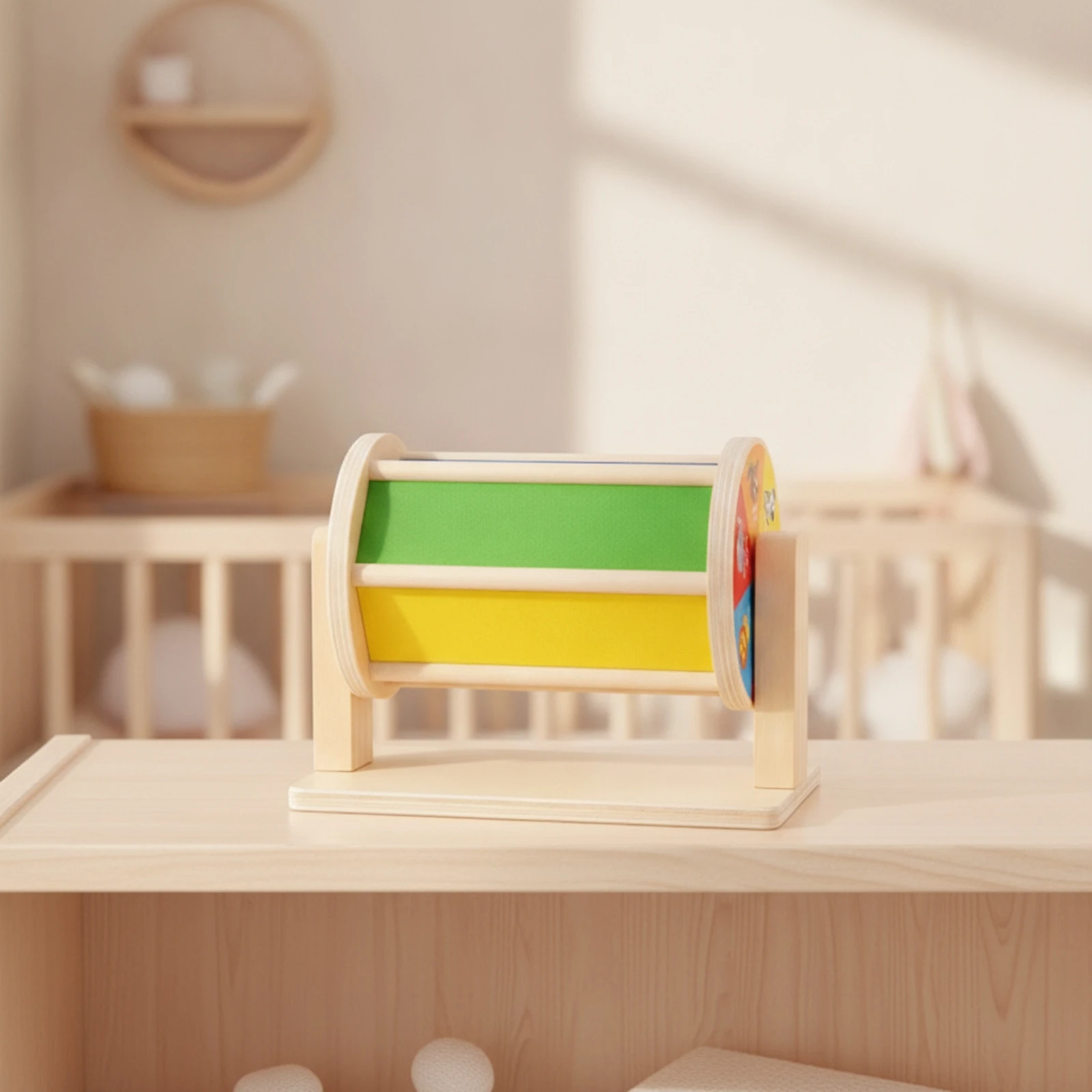 Textile Drum Toy Baby Rotating Activity Drum Wooden Rotator Toy Toddler Child-Safe for Babies, Playroom, Nursery