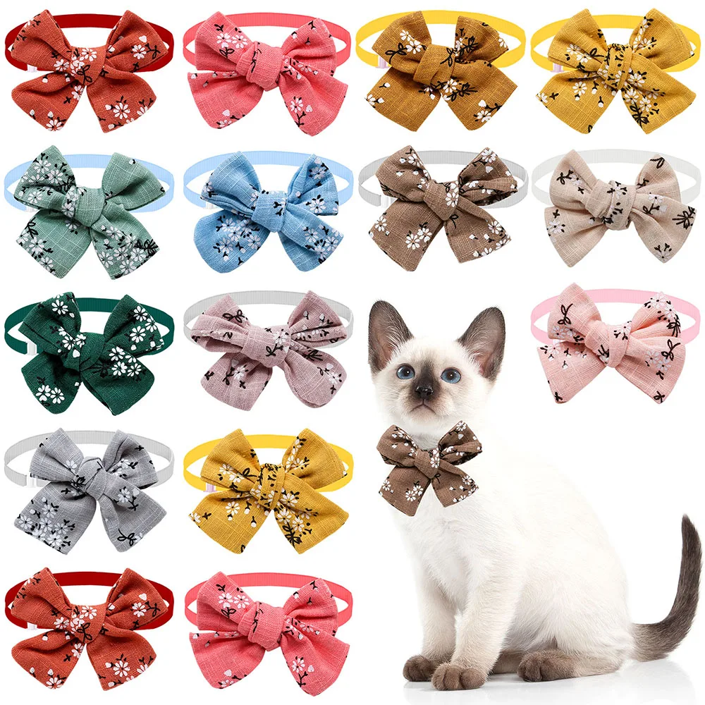 50pcs Flower Cotton Pet Dog Bowties Handmade Cute Flower Print Dog Bow Tie Bowknot Dogs Pets Grooming Accessories For Small Dogs