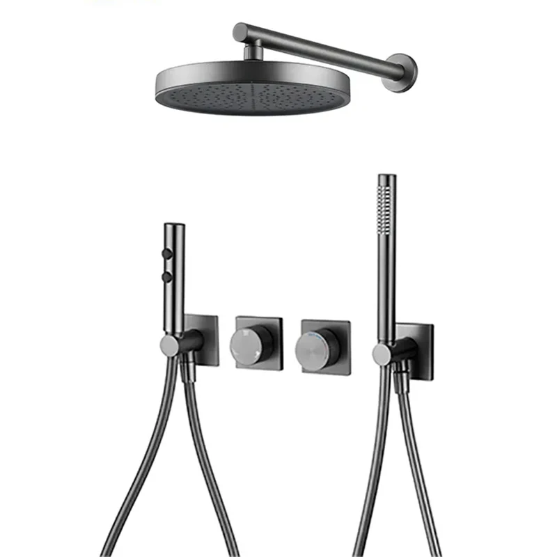 

Modern 3 Functions Gray Wall Mounted Brass Concealed Dual Handle Bathroom Bath Rain Shower Mixer Tap Set with Bidet Sprayer