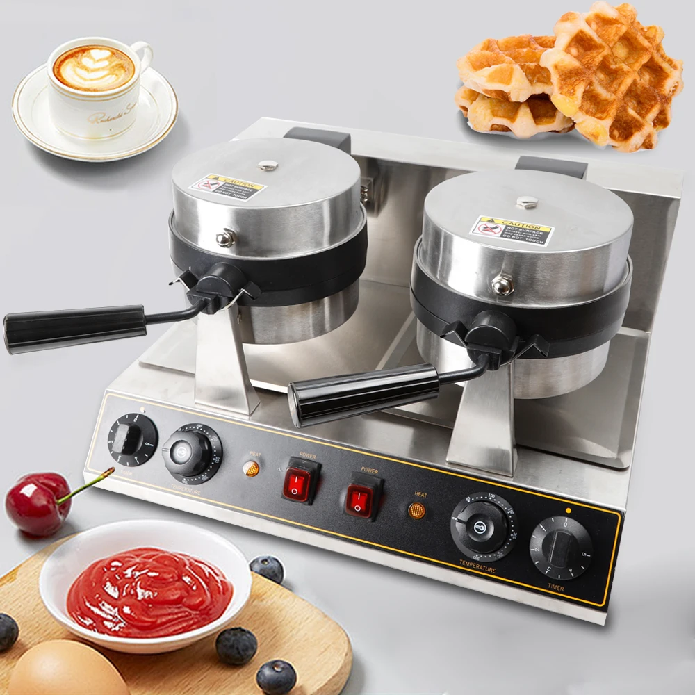 Temperature And Time Control Of Commercial Machines For Stainless Steel Non Stick Double Head Round Waffle Cake Machine