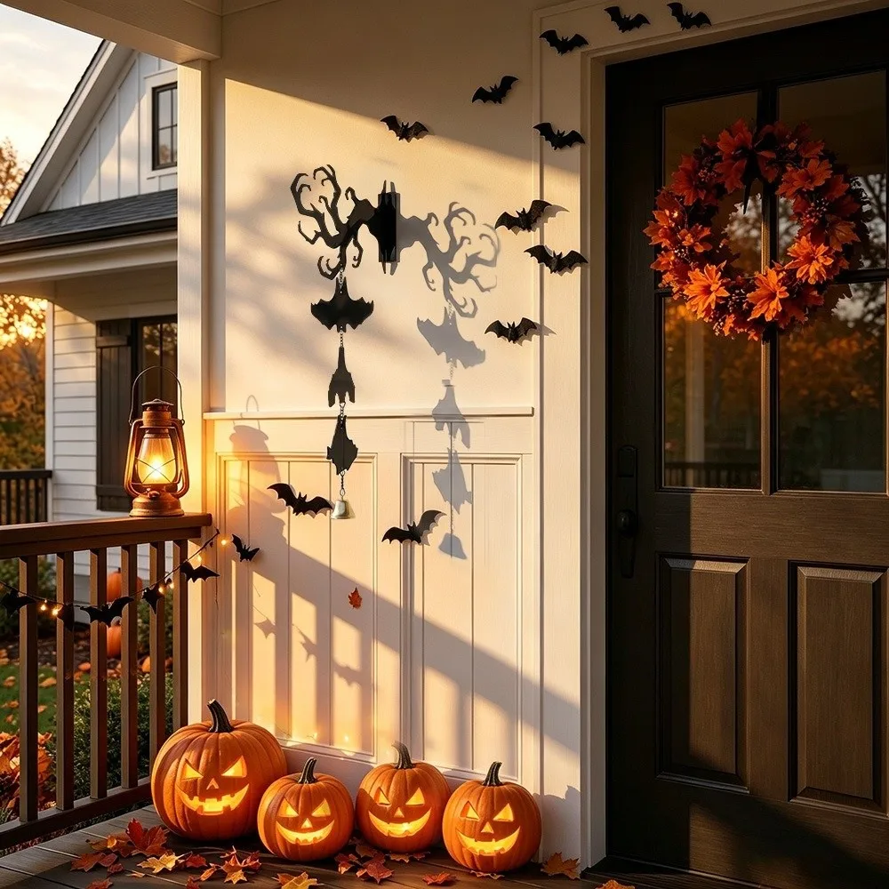 2D Flat Inverted Branch Bat Wind Chime with Bell Gothic Style Hanging Bat Pendant Acrylic Wall Mount Hanging Door Bell Halloween