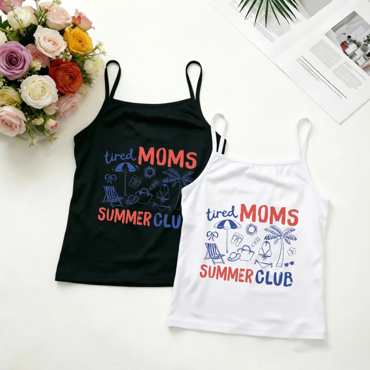 Tired Moms Summer Club Graphic Camisole Women Vacation Beach Icon Print Tank Top Y2K Sleeveless Vest for Holiday Party Funny