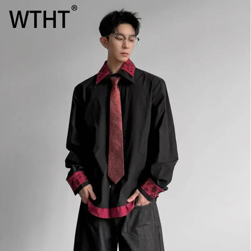 WTHT Trendy Men's Embroidery Fake Two-pieve Contrast Color Shirts Fashion 2026 Summer American Style Lapel Loose Top Male 2A3062