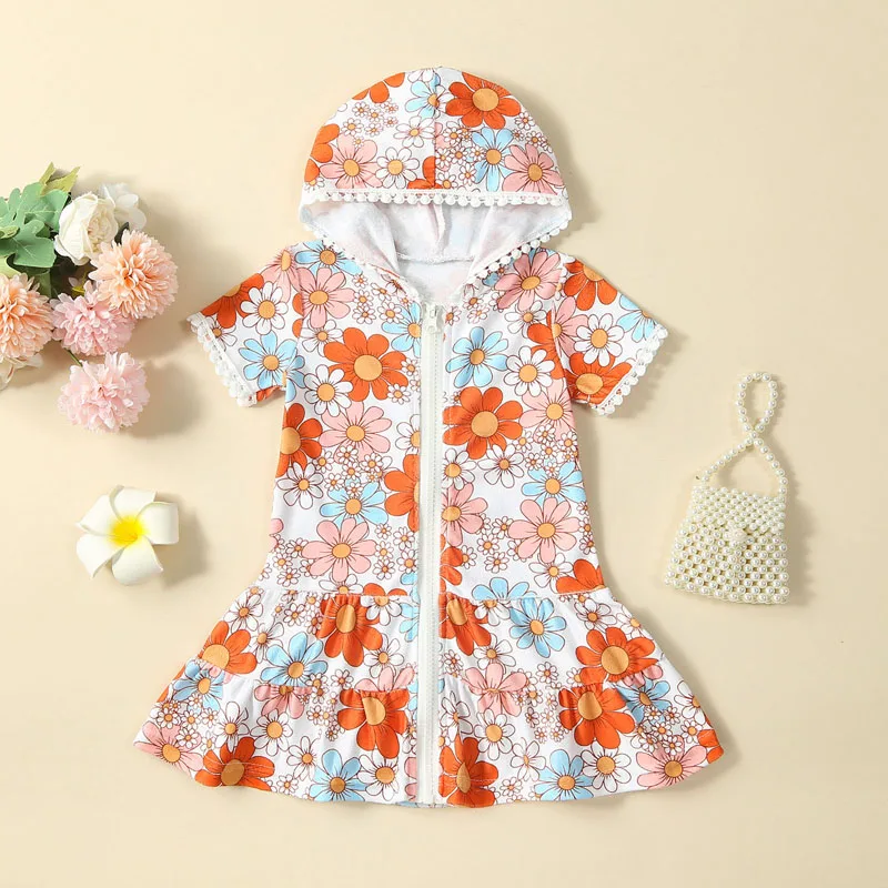 

1-5Y Baby Girls Swimsuit Cover up Summer Floral Hooded Short Sleeve Beach Cover up Rash Guards for Toddler Bathing Suit