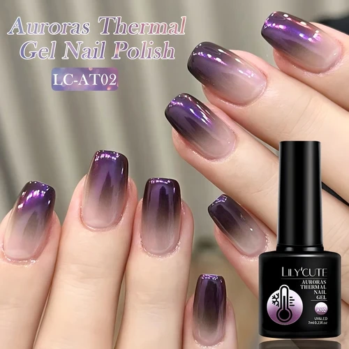 LILYCUTE 7ML Auroras esmalte de uñas de Gel térmico desnudo púrpura oscuro brillo gradiente temperatura cambio de Color barnices de Gel de decoración de uñas