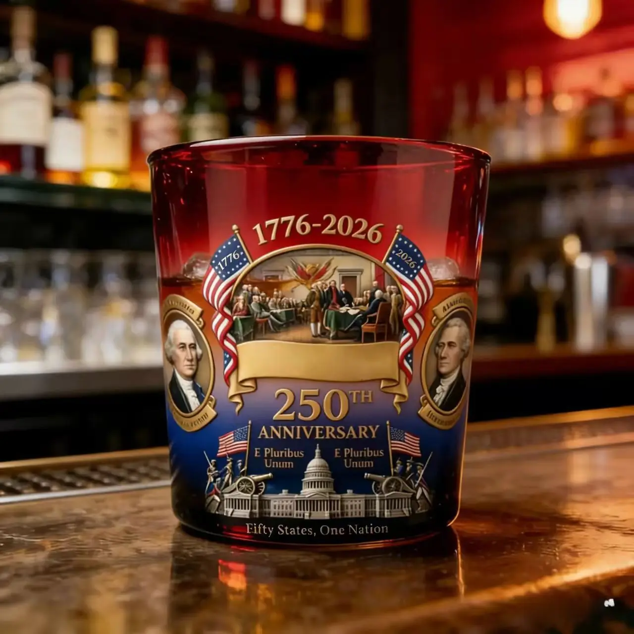 Vaso de whisky con degradado rojo y azul para el 250 aniversario de la fundación de los Estados Unidos 1776-2026