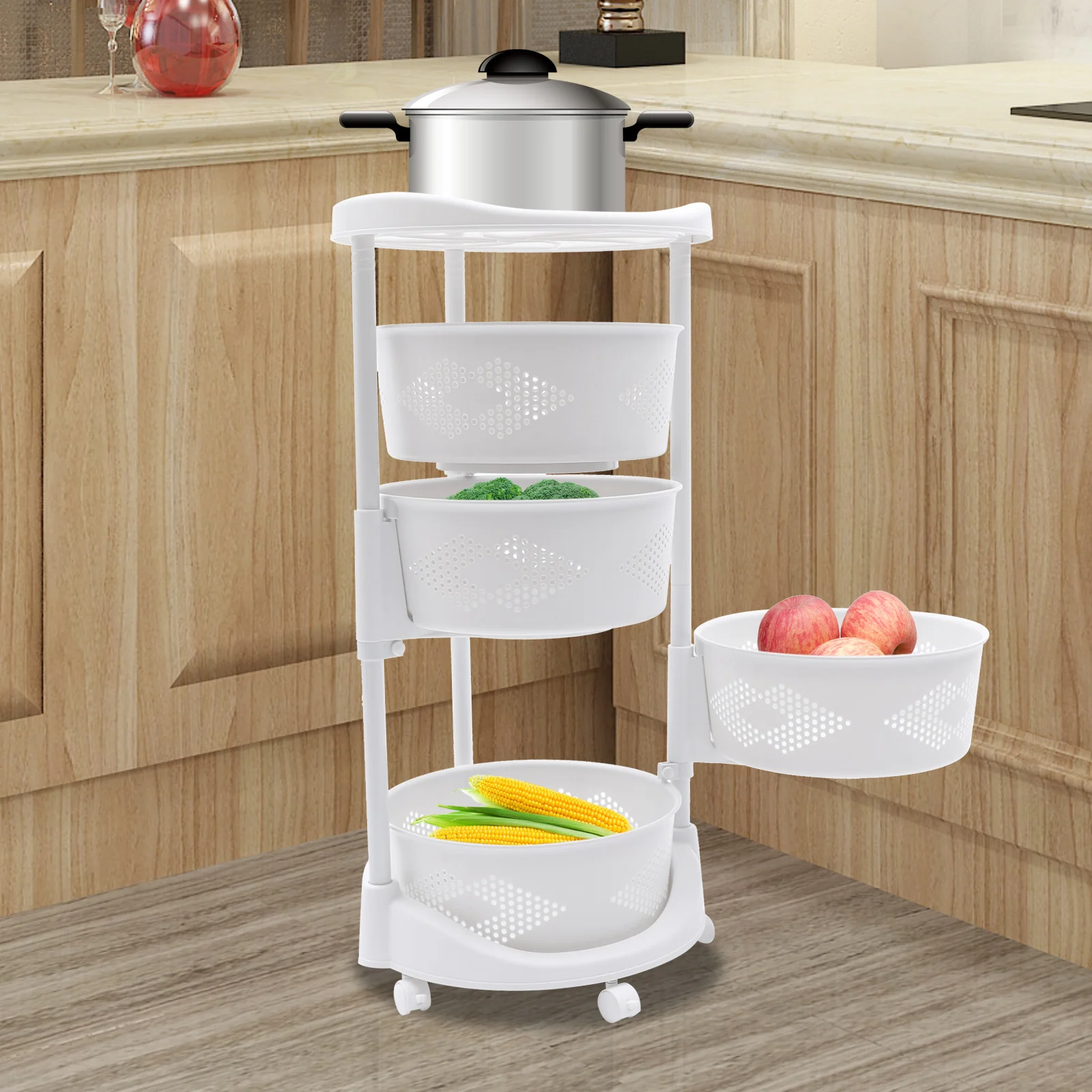 

4 Tiers Storage Basket Rack Kitchen Fruit Vegetable Organizer Cart Bathroom Shelf with Wheels Adjustable Height