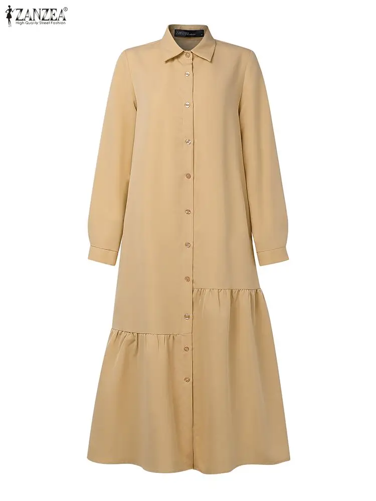 Elegante abito camicia autunnale 2025 ZANZEA donna elegante bavero collo manica lunga abiti da ufficio solido OL lavoro vestito estivo bottone Robe