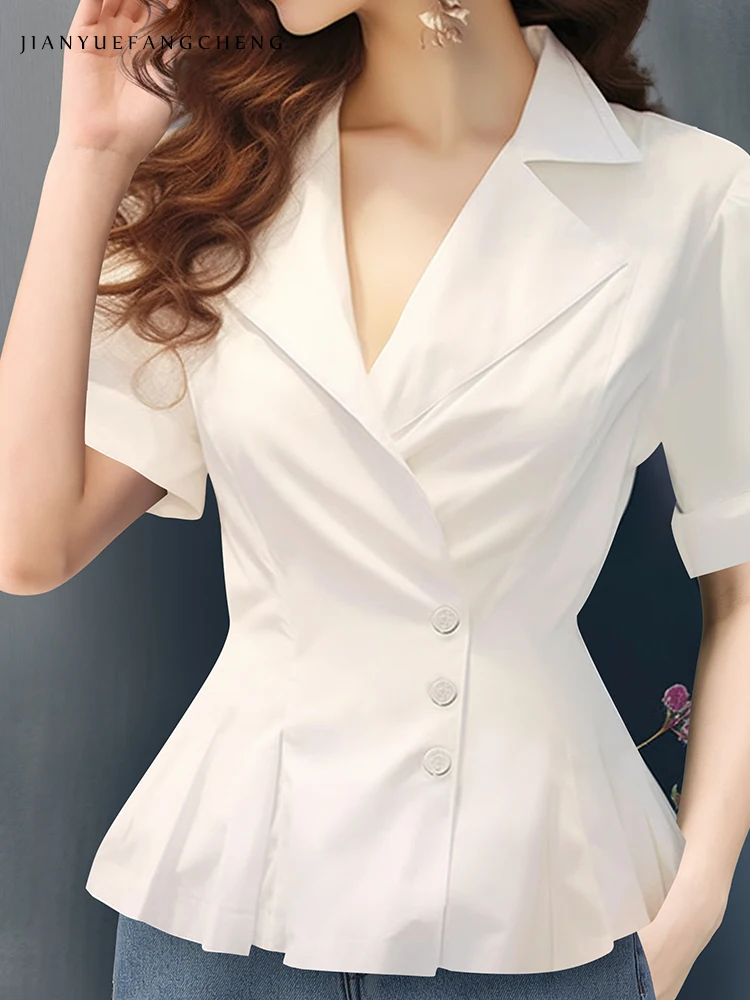 2024 Summer Women\'s Short sleeved White Shirt Elegant Suit Collar Slim Office Ladies Tops Fashion Casual Female Work Blouses