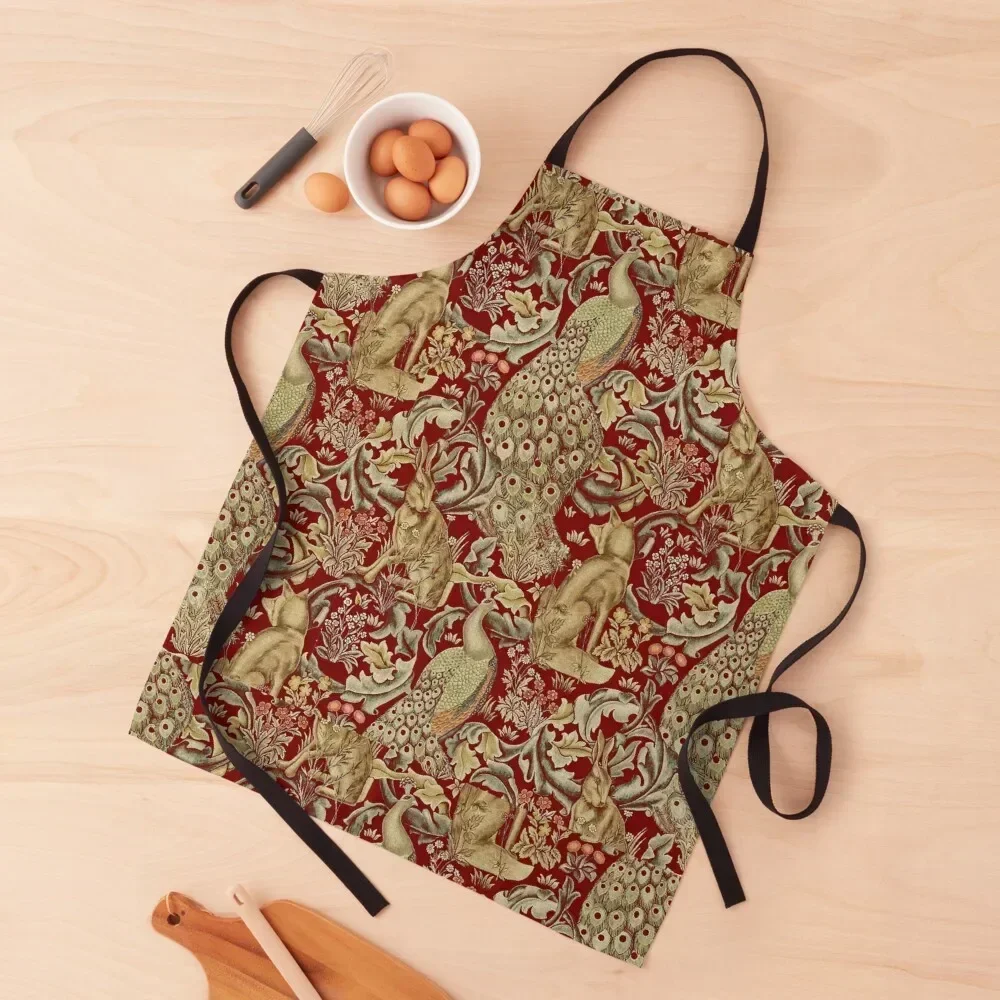 

FOREST ANIMALS , PEACOCKS , FOXAND HARE IN RED Apron Kitchen Kawaii Accessories Beauty Apron