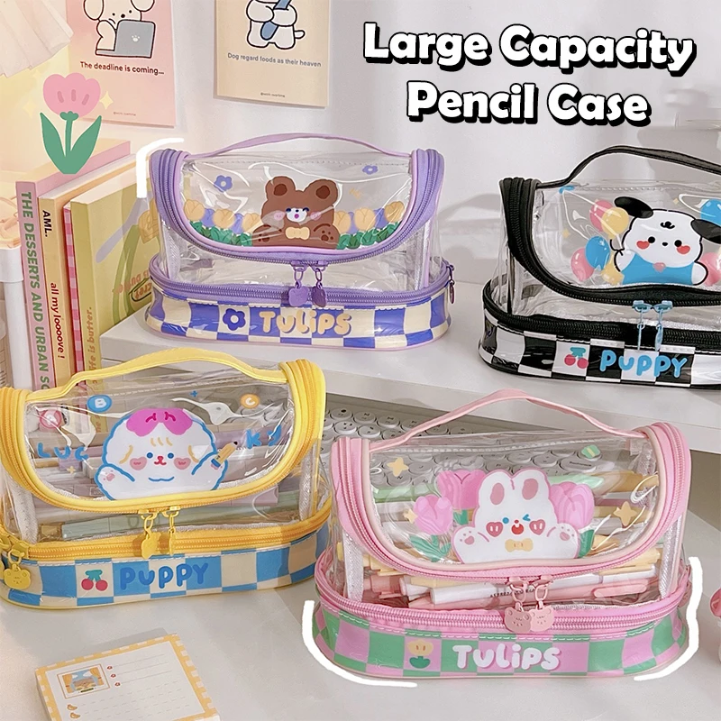 

Cute Cartoon PVC Transparent Pen Case Large Capacity Minimalist Ins Student Stationery Bag Portable Travel Storage Bag Gift