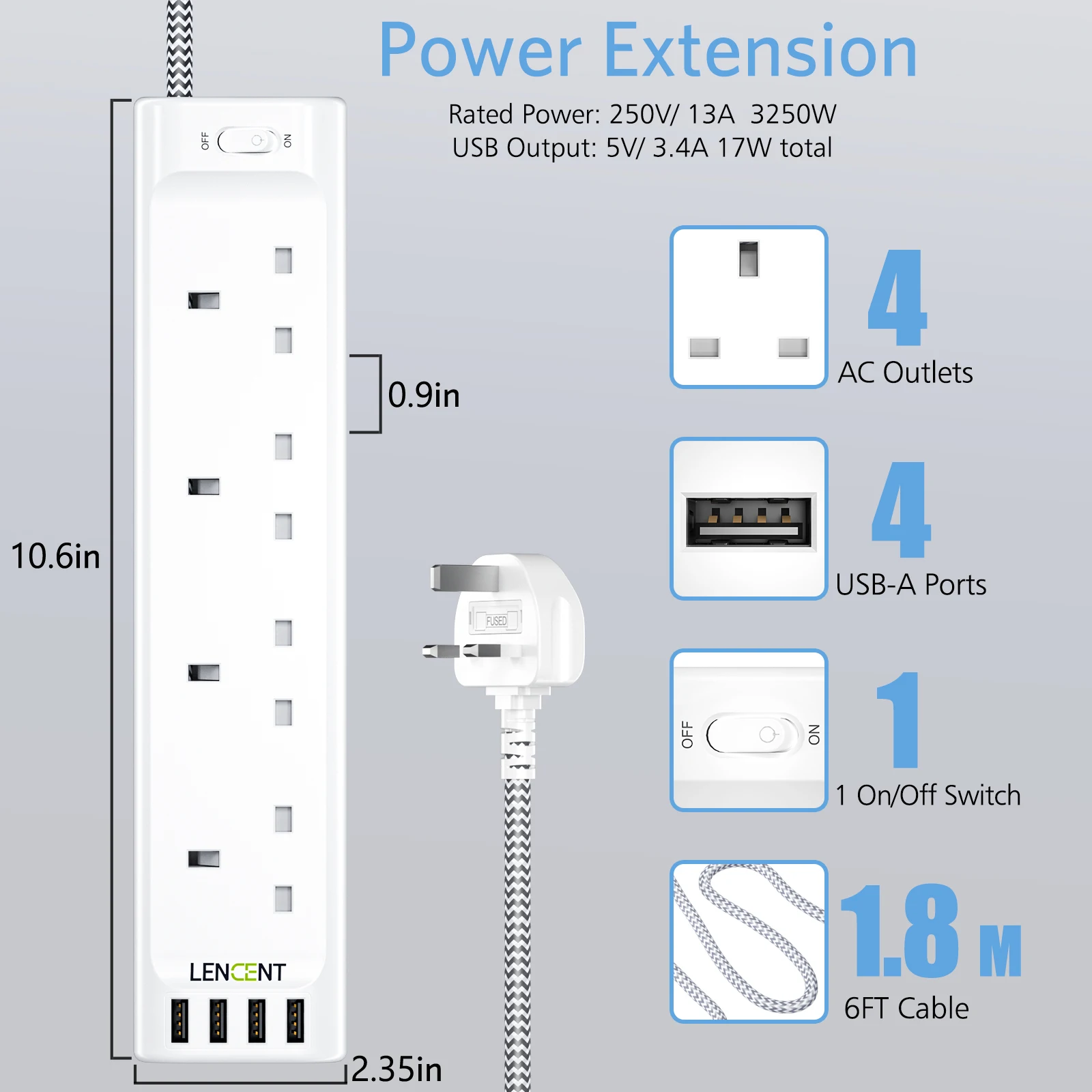 LENCENT UK Power Strip with 4 AC Outlets 4 USB 3250W Multi Power Plug Extension with 1.8M Braided Extension Cord for Home Office