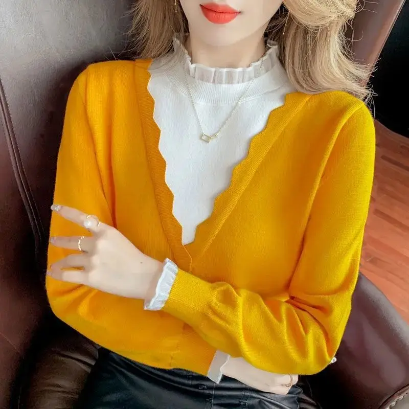 2022 Autumn Knitted Sweater Fake Two Piece Splicing Bottom Women\'s Long Sleeve Top Fashionable Versatile and Stylish