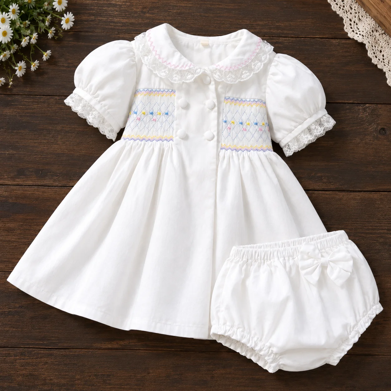 Luxury Baby Girl Hand Smocked Dress Set 6M-3Y Elegant Peter Pan Collar Short Sleeve Dress + Bloomer Shorts Vintage Princess Gown