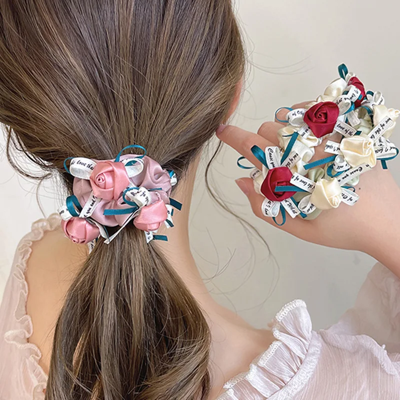 1pc super  fairy rose ribbon bow large intestine hair band, elegant bun scalp elastic hair band high-end hair band