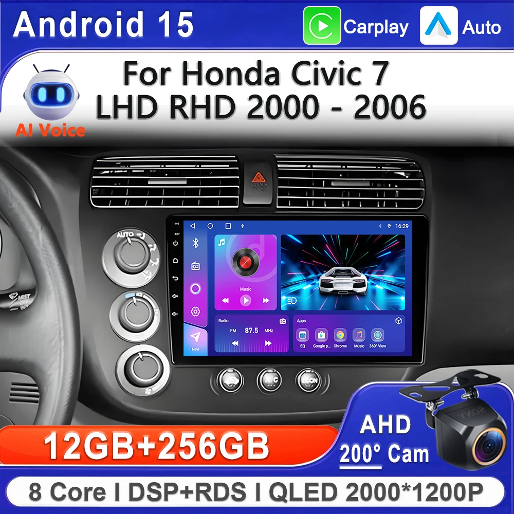 Android 15 2K Incell Screen Multimedia For Honda Civic 7 2000-2006 Stereo Head Unit GPS Navigation High-performance Touch Screen
