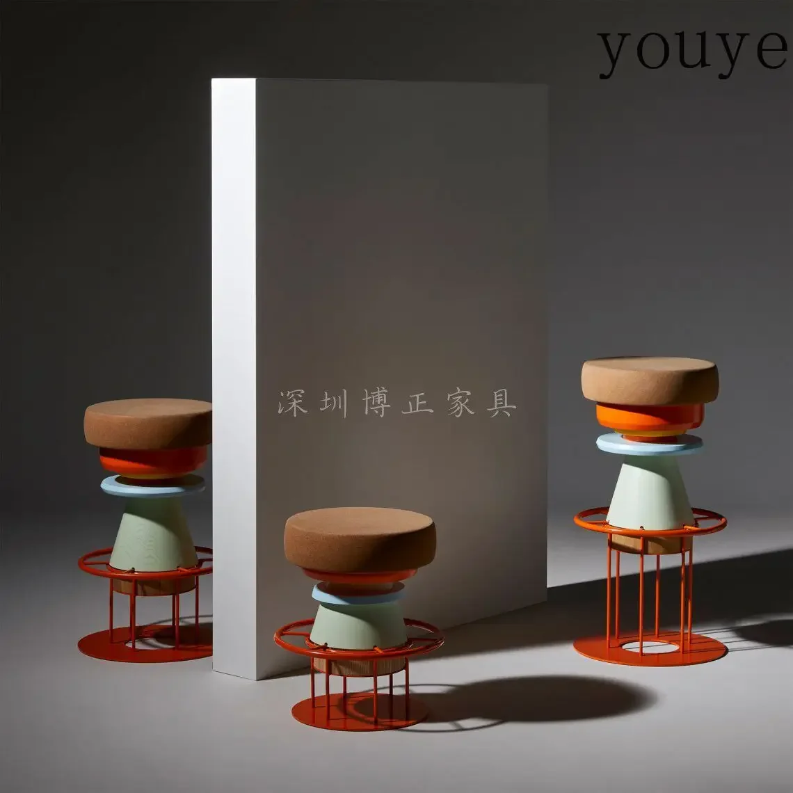 X32 Italian Art Mushroom Stool Light Luxury Model Room Soft Stool Contrasting Color Wrought Iron Solid Wood Edge Few Low Seat St view 2