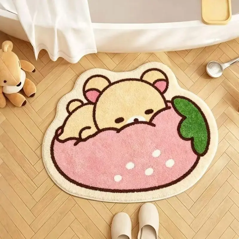 VIKAMA Strawberry Shape Bathroom Mat Cute Bear Print Soft Floor Mat Cozy Kawaii Lovely Indoor Bedroom Home Decor Aesthetic
