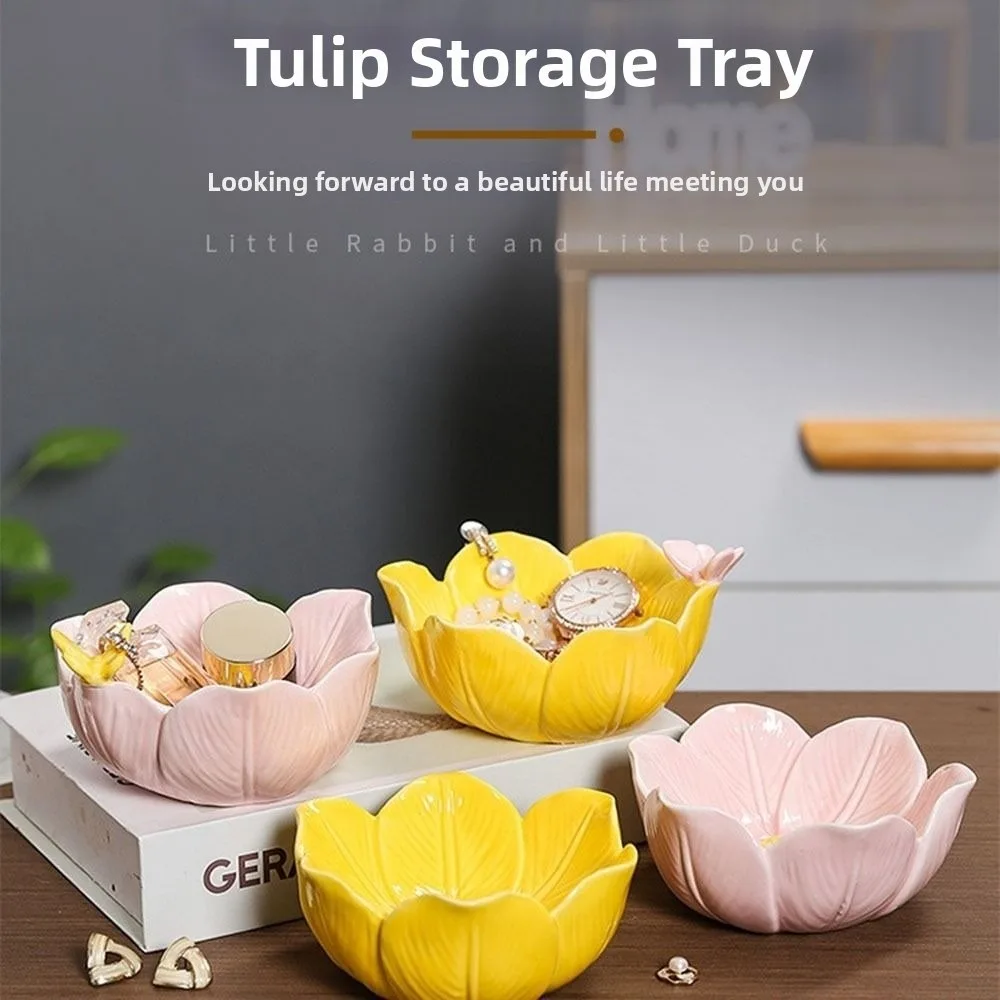 Tulip Shape Flower Jewelry Tray Solid Ceramic Jewelry Holder Organizer Elegance Petal Design Small Trinket Dish Table Decoration