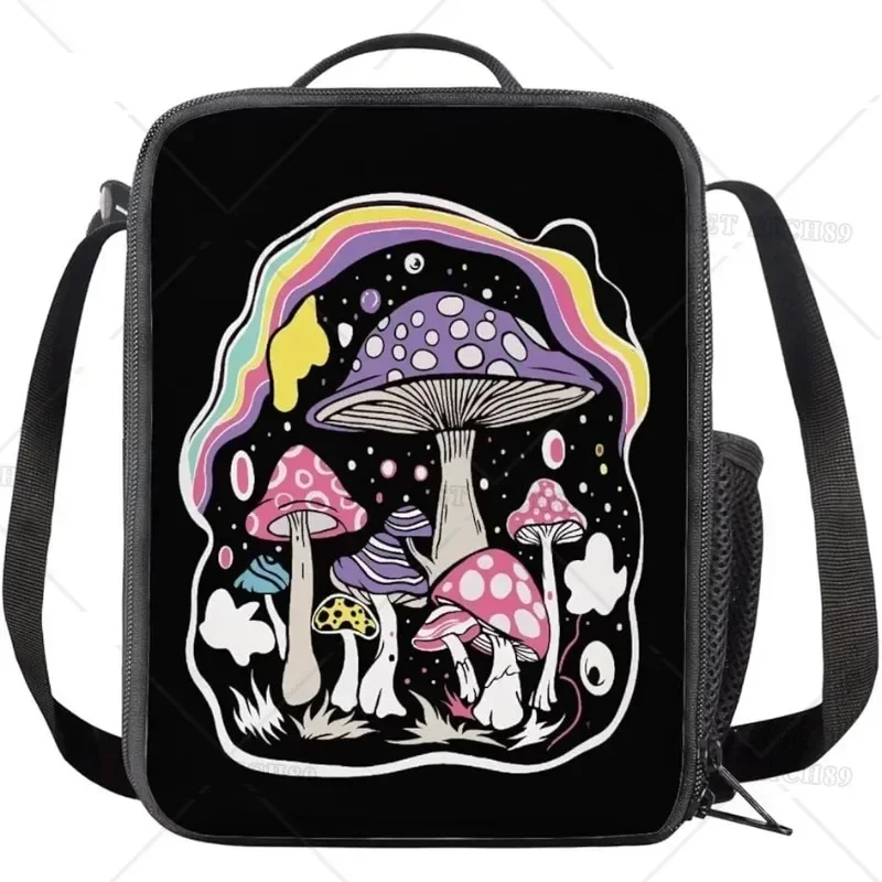 Mushroom on Black Background Lunch Bags Thermal Insulated Zippered Lunch Tote Bag for Women Men Kids School Work Office Trip