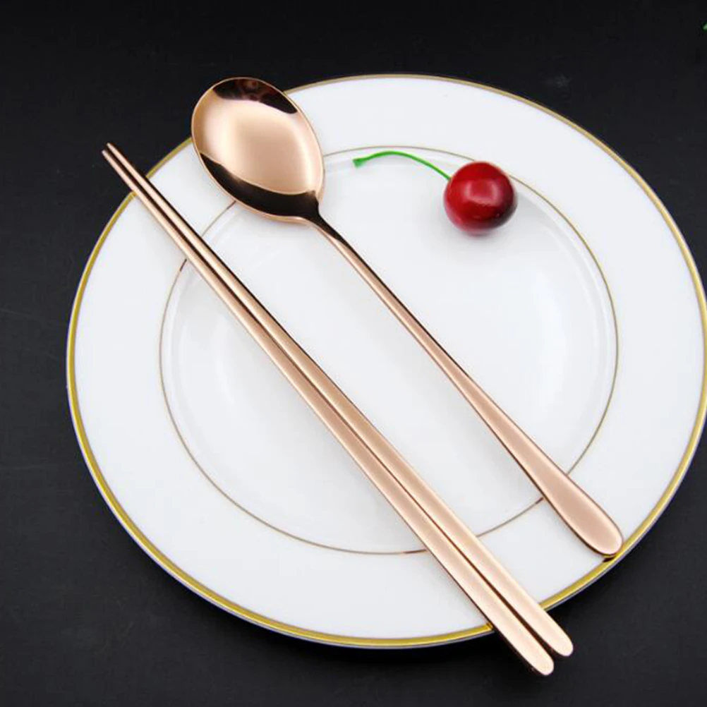 

4 Sets Party Spoon and Chopsticks Tableware Serving Utensils Stainless Steel Cutlery Portable Kit