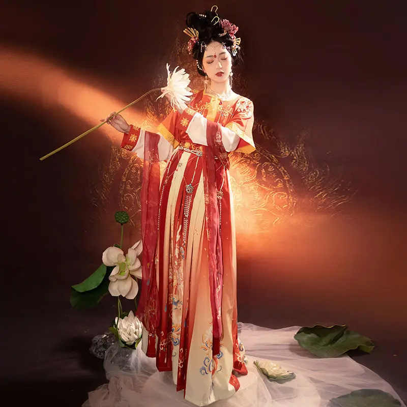‌ مجموعة Tang Dynasty Hanfu - تنورة عالية الخصر وشاح Dunhuang للرقص الشرقي للنساء