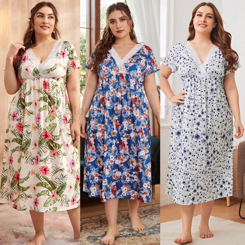 Sexy Lace Plus Size 3XL 4XL 5XL Nightdress Fashion Casual Printing Home Clothes Loose Fitting Sleepwear Female Satin Nightwear